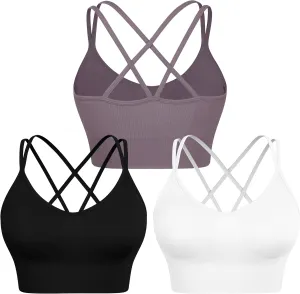 WANAYOU Women Strappy Sports Bra for Women,Cross Back Sports Bra Padded Yoga Bra 3 Pack Medium Support Workout Bra