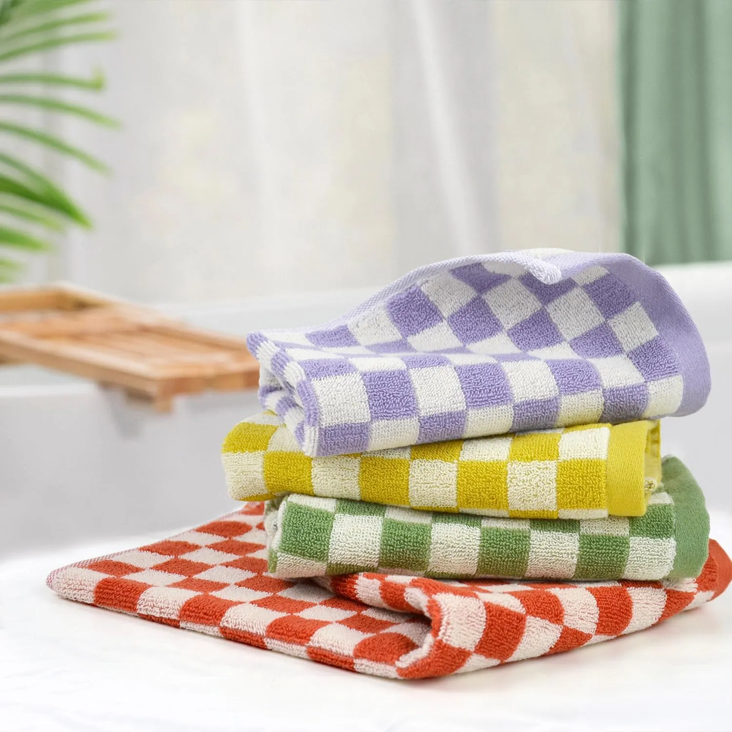Wash Cloths for Showering Cotton Checkered 4 Pack 4 Colors - Cotton Washcloths for Face Body, 13 x 13 Inches Daily Cleansing Kitchen Towels Gifts