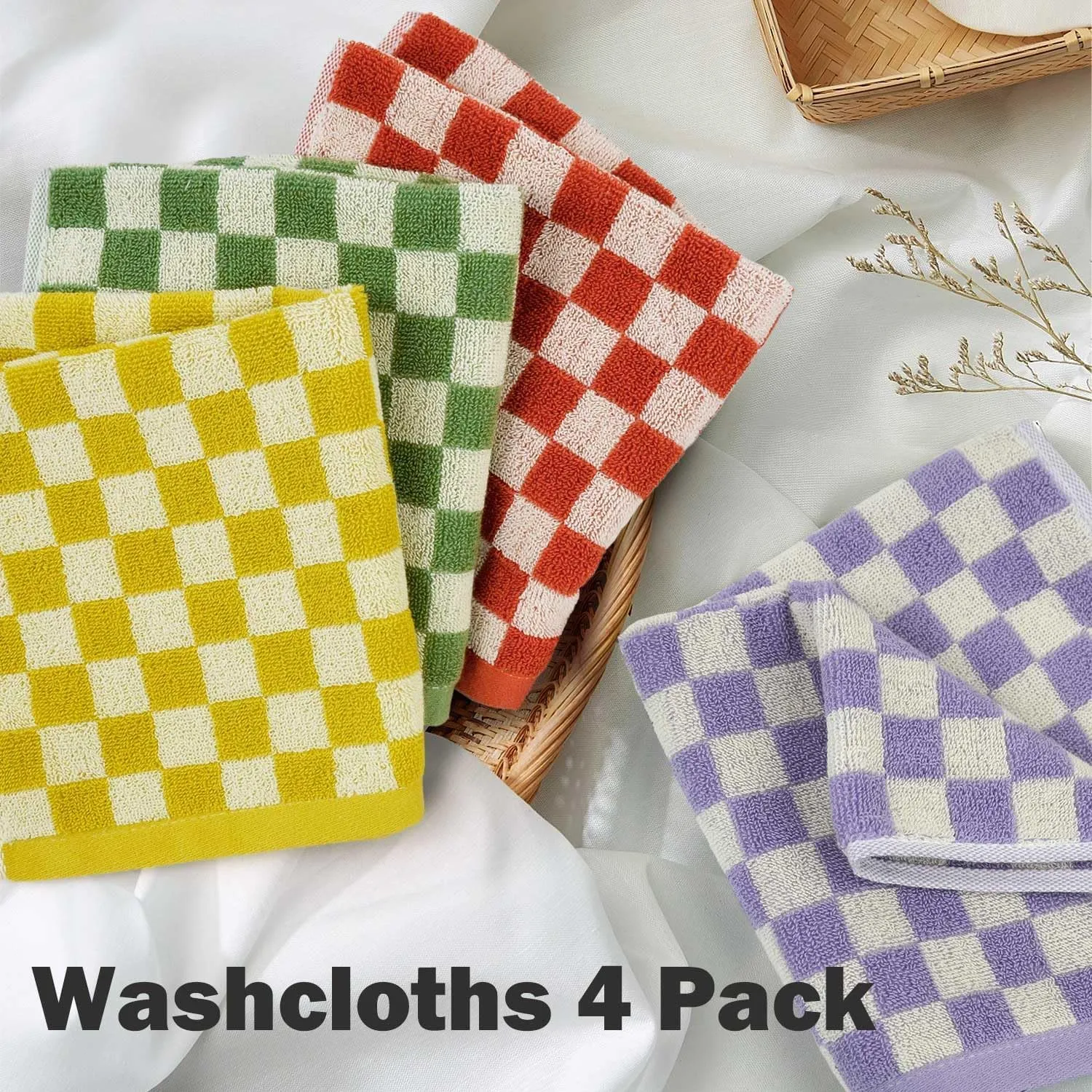 Wash Cloths for Showering Cotton Checkered 4 Pack 4 Colors - Cotton Washcloths for Face Body, 13 x 13 Inches Daily Cleansing Kitchen Towels Gifts