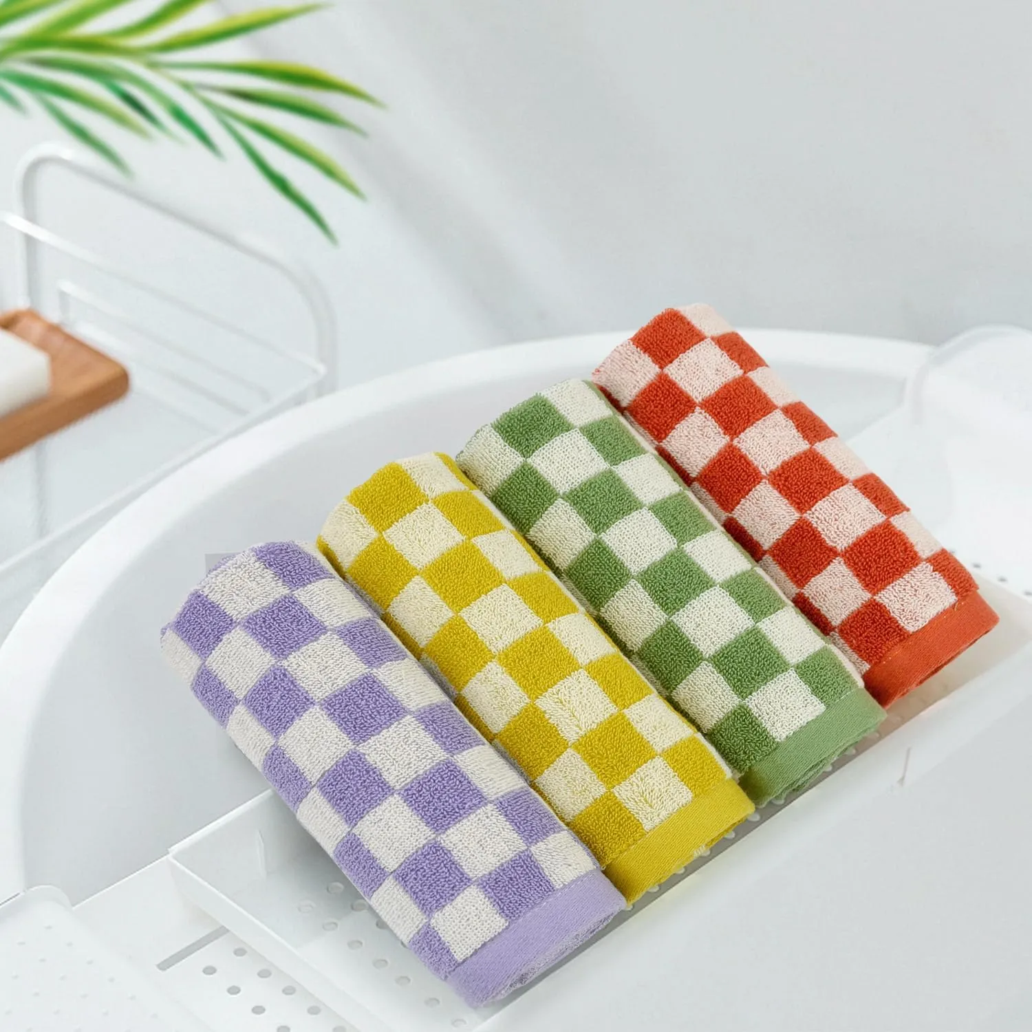 Wash Cloths for Showering Cotton Checkered 4 Pack 4 Colors - Cotton Washcloths for Face Body, 13 x 13 Inches Daily Cleansing Kitchen Towels Gifts