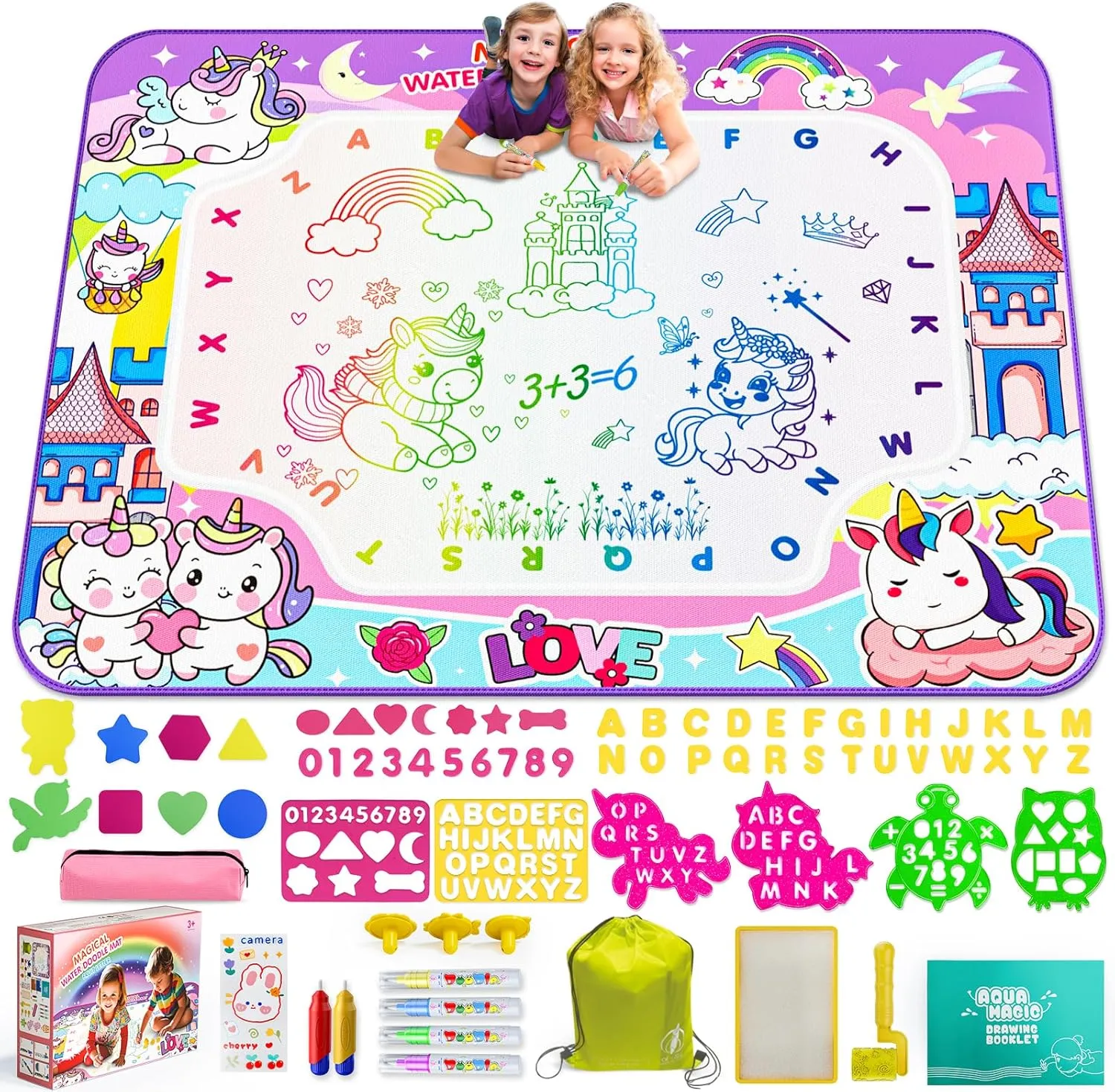 Water Doodle Mat,40 x 32 Inch Large Drawing Mat with Backpack,Educational Toys Gifts for Kids Boys Girls,Mess Free Painting for Toddlers Age 3-8 Year Old