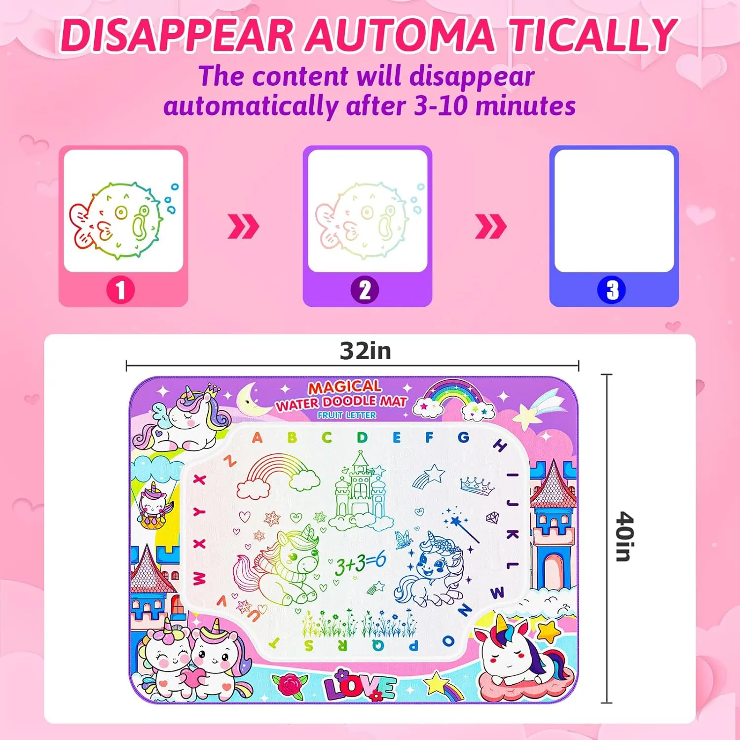 Water Doodle Mat,40 x 32 Inch Large Drawing Mat with Backpack,Educational Toys Gifts for Kids Boys Girls,Mess Free Painting for Toddlers Age 3-8 Year Old