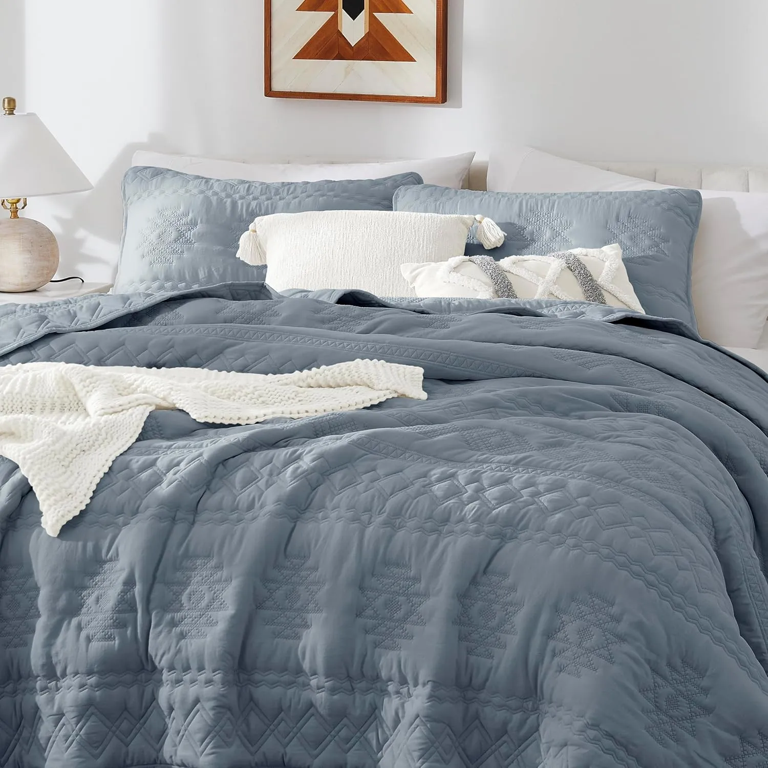 WDCOZY Boho Blue Grey Quilt King Size Bedding Sets with 2 Pillow Shams, Farmhouse Lightweight Soft Bedspread Coverlet for All Season, 3 Pieces, 104x90 inches