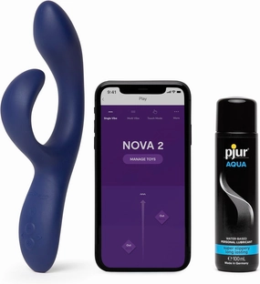 We-Vibe Nova 2 Blue Rabbit Vibrator Personal Massager & Pjur Aqua Water Based Personal Lubricant 3.4 fl oz - Sex Toys for Women Bundle