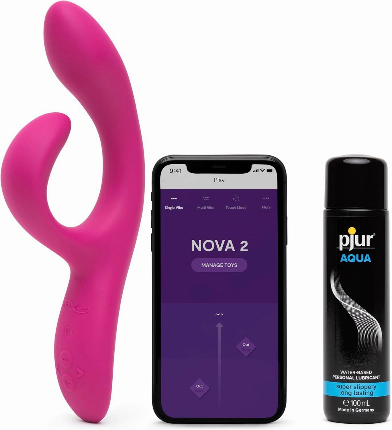 We-Vibe Nova 2 Pink Rabbit Vibrator Personal Massager & Pjur Aqua Water Based Personal Lubricant 3.4 fl oz - Sex Toys for Women Bundle