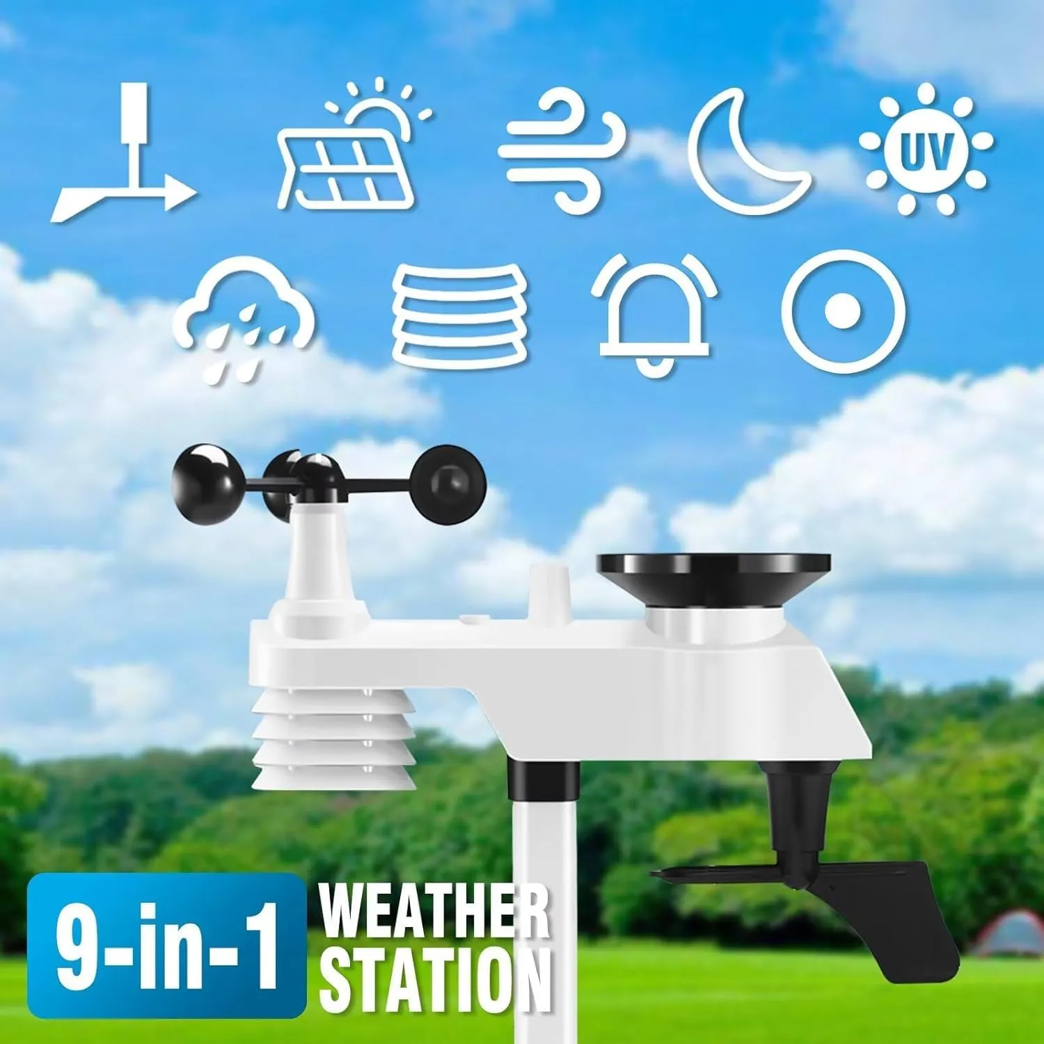 Weather Station Wireless Indoor Outdoor with 9-in-1 Sensor & LCD Display, Weather Station with Rain Gauge and Wind Speed/Direction, Moon Phase, Forecast, Temperature, Pressure, Humidity, Alarm
