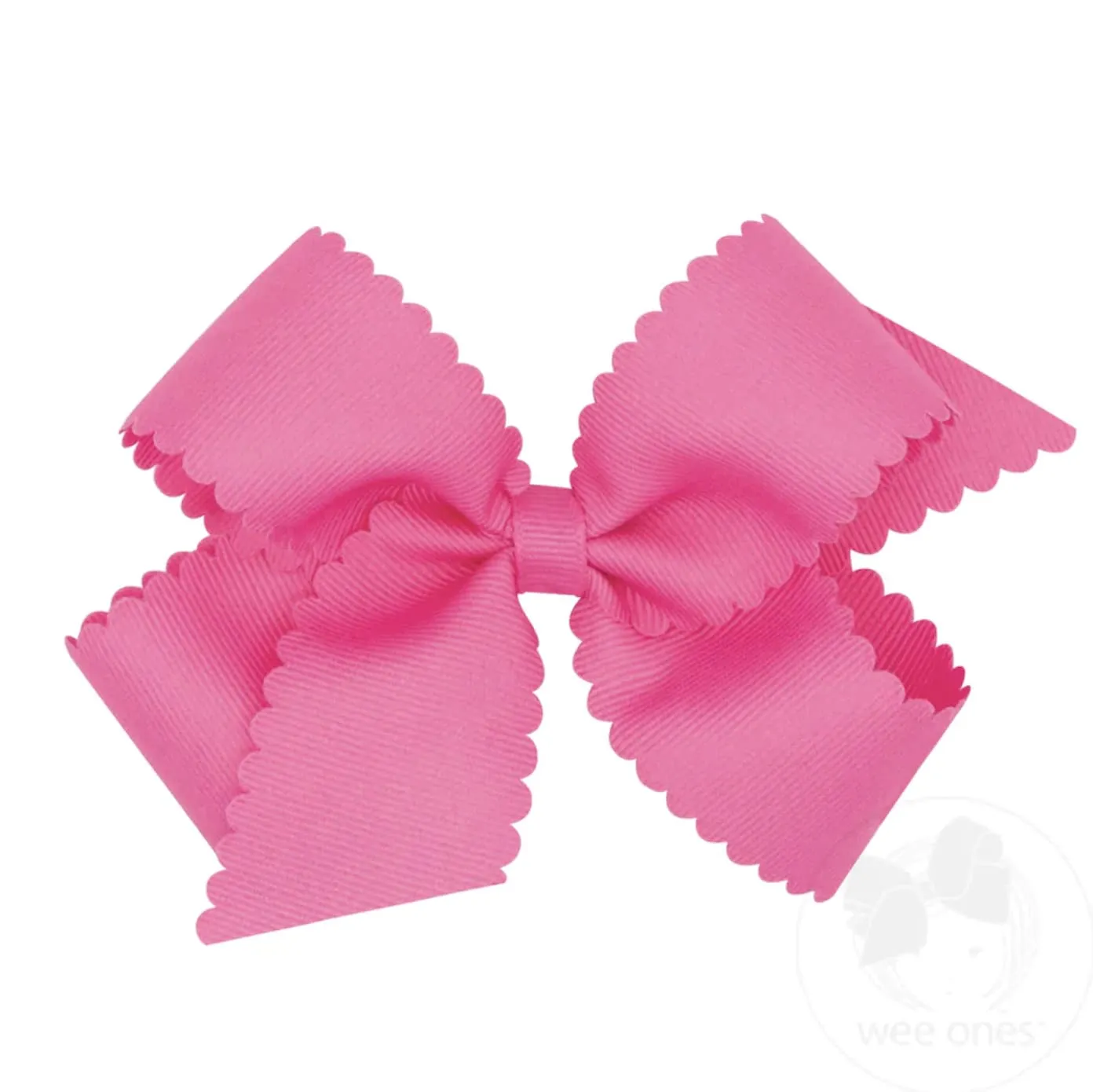 Wee Ones Girls' Classic Grosgrain Hair Bow with Scalloped Edges and Plain Wrap Center on a WeeStay Hair Clip, Medium, Hot Pink