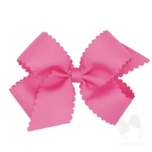 Wee Ones Girls' Classic Grosgrain Hair Bow with Scalloped Edges and Plain Wrap Center on a WeeStay Hair Clip, Medium, Hot Pink