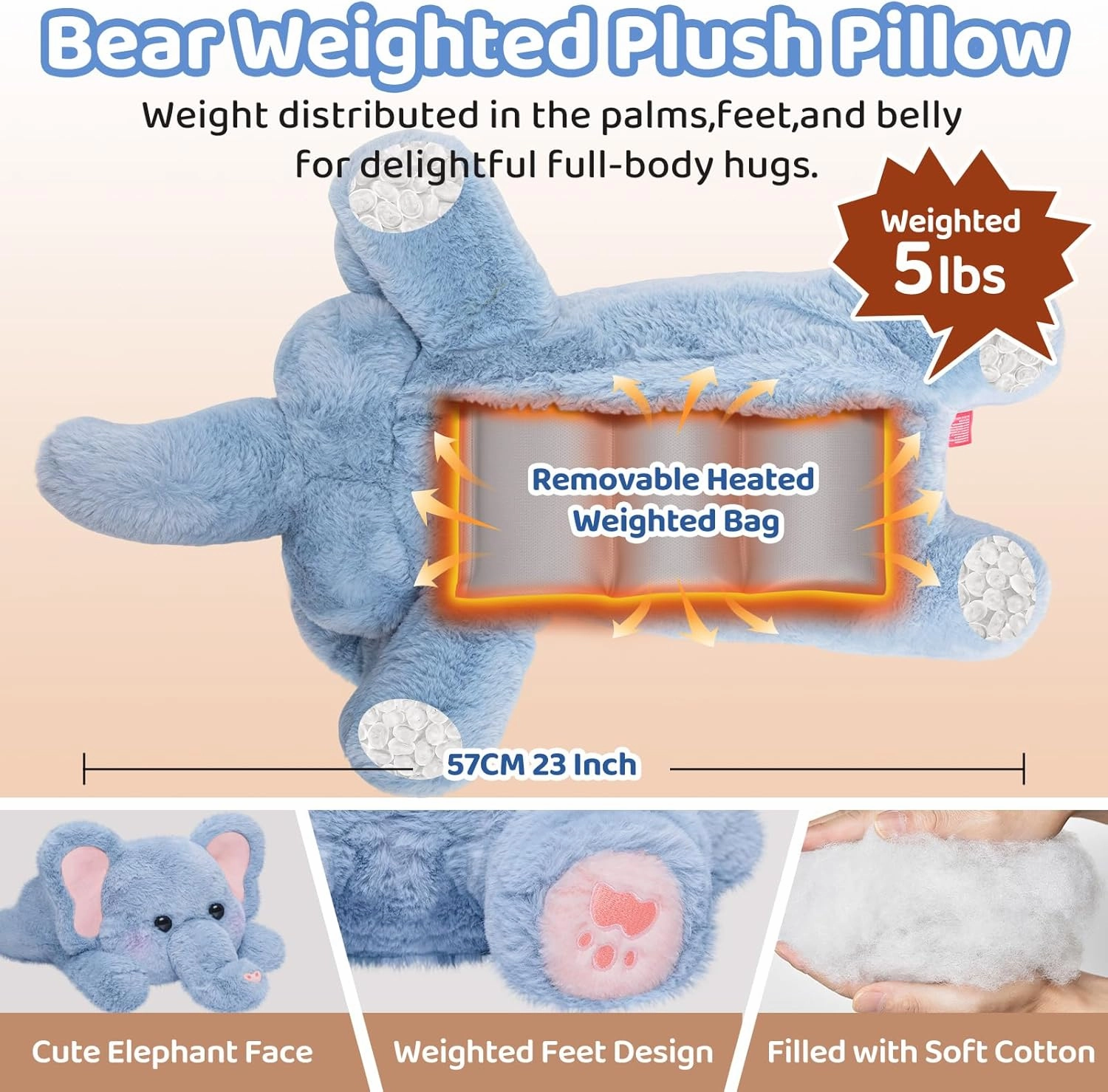 Weighted Stuffed Animals with Microwavable Heating Pad - 5lb or 2.13lb Adjustable, Heatable & Coolable Elephant Plush for Relaxation, Removable Inner Pad, Perfect Plush Gift for Kids Adults (23 Inch)