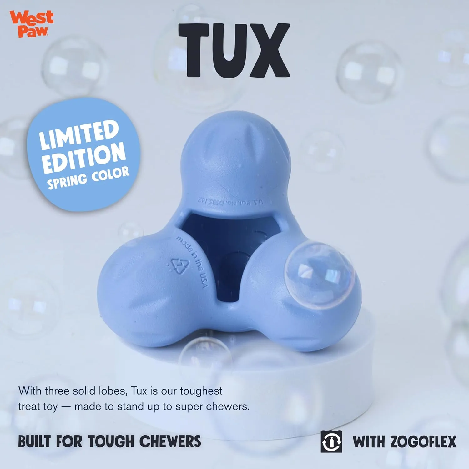 WEST PAW Zogoflex Tux Treat Dispensing Dog Chew Toy – Interactive Chewing Toy for Dogs – Dog Games for Aggressive Chewers, Fetch, Catch – Holds Kibble, Treats, Large 5", Periwinkle