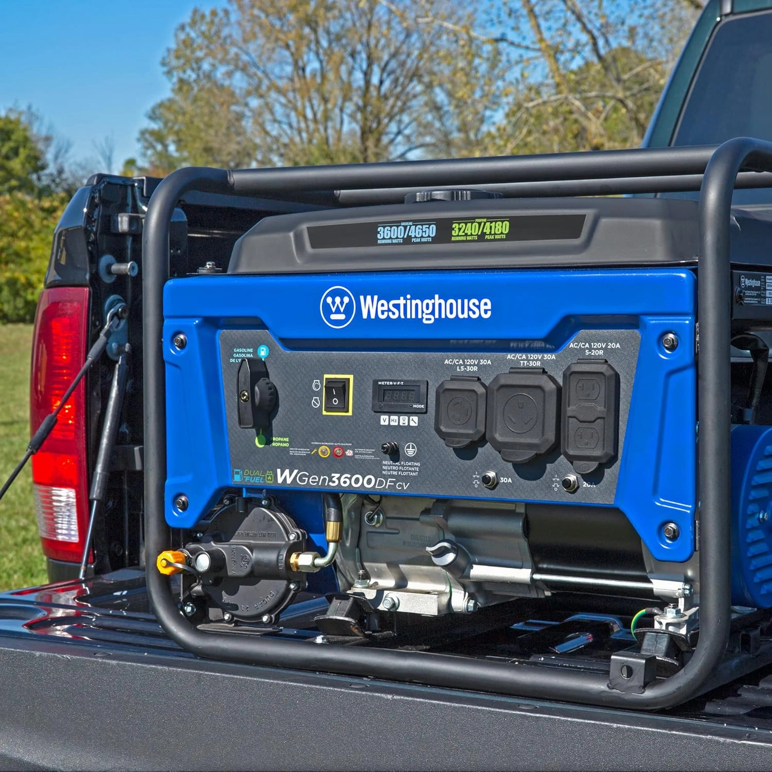 Westinghouse 4650 Peak Watt Dual Fuel Portable Generator, RV Ready 30A Outlet, Gas & Propane Powered, CO Sensor