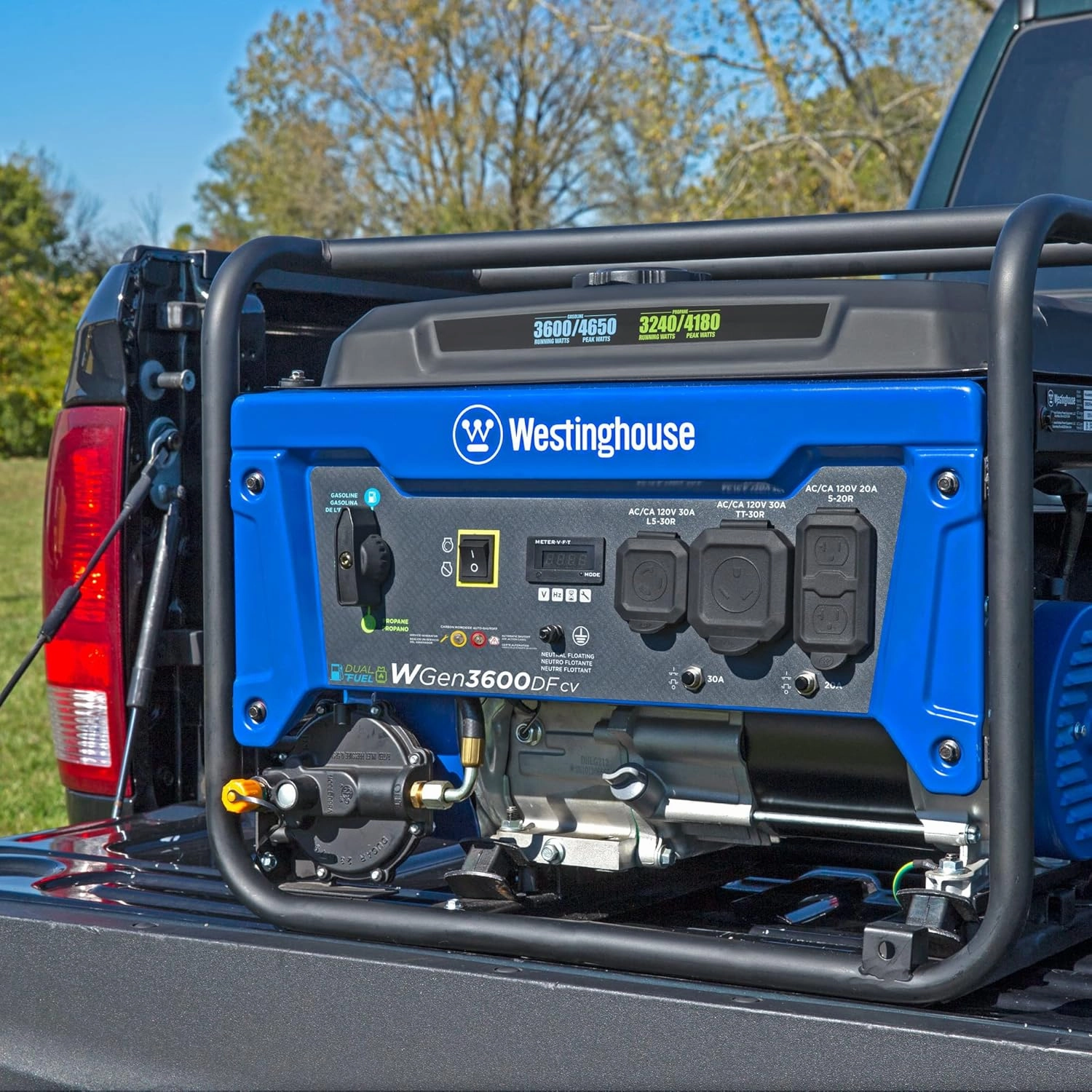 Westinghouse 4650 Peak Watt Dual Fuel Portable Generator, RV Ready 30A Outlet, Gas & Propane Powered, CO Sensor
