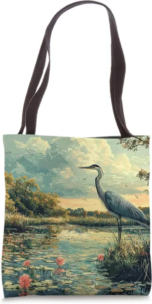 Wetlands With Birdlife Landscape Vintage Graphic Tote Bag