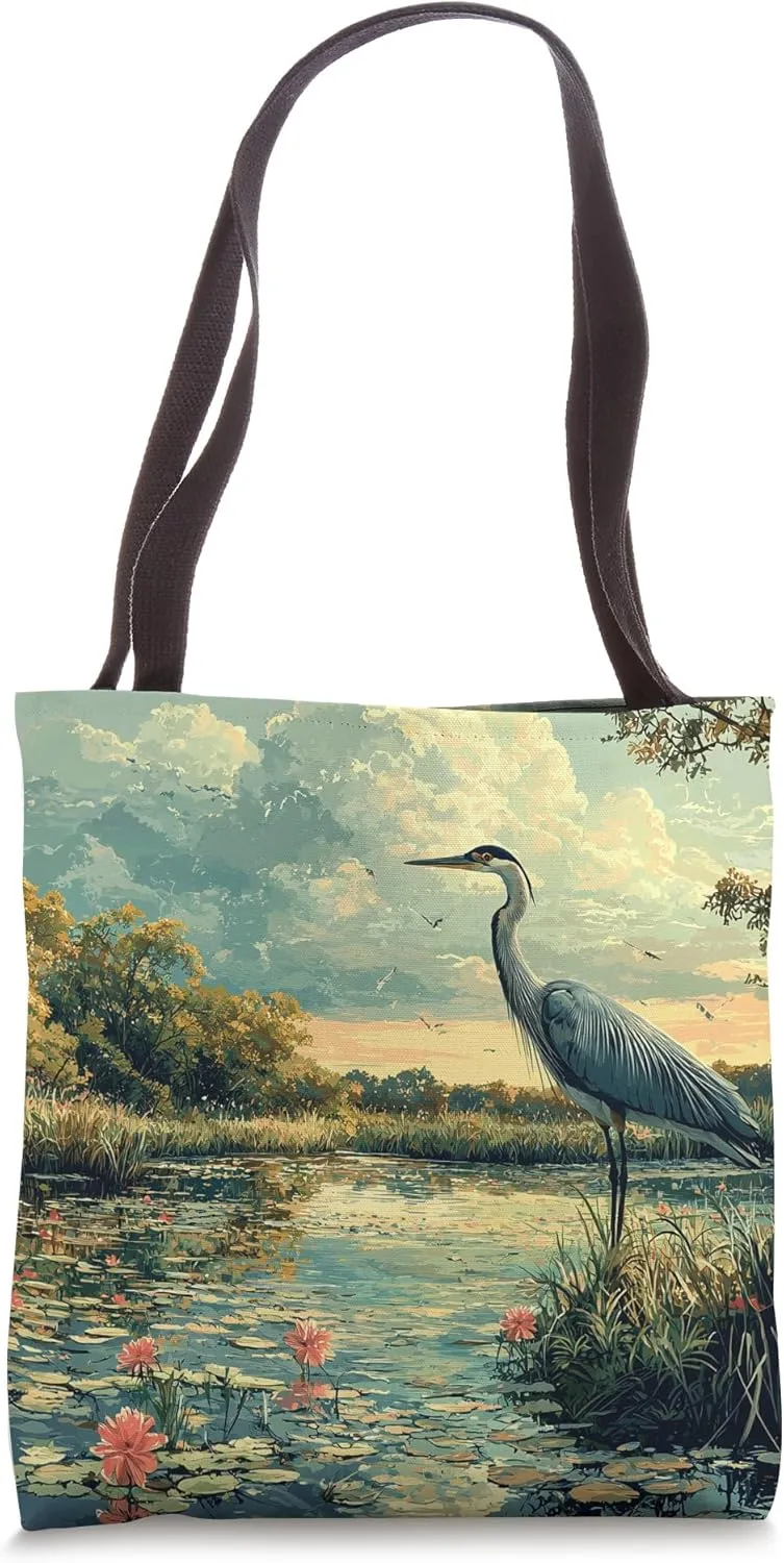 Wetlands With Birdlife Landscape Vintage Graphic Tote Bag