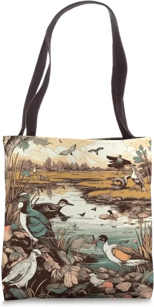 Wetlands With Birdlife Vintage Landscape Graphic Tote Bag