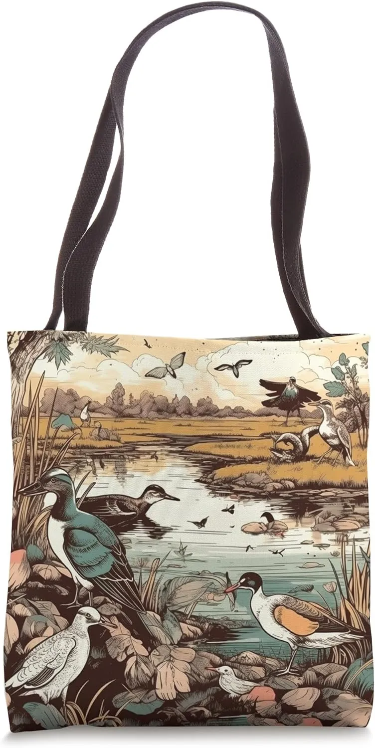 Wetlands With Birdlife Vintage Landscape Graphic Tote Bag
