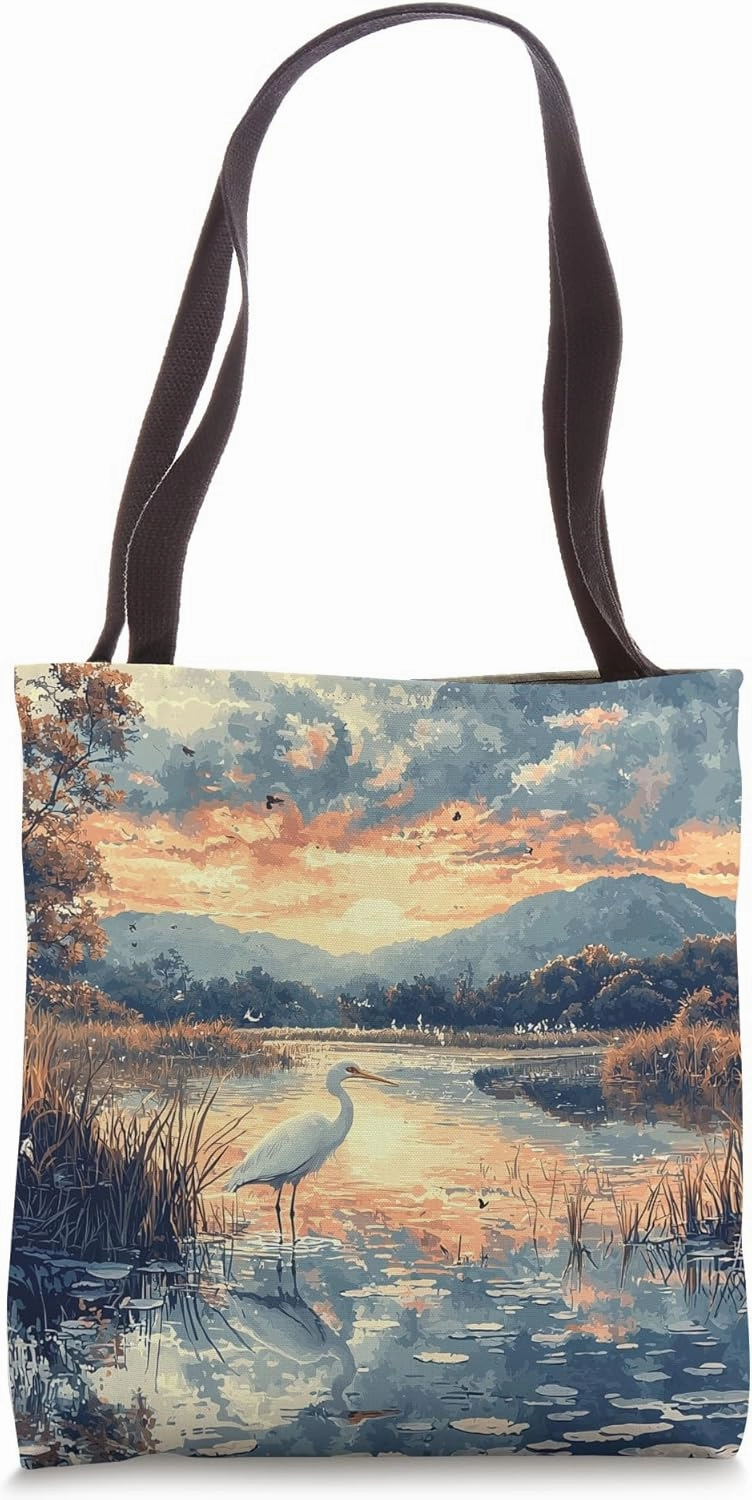 Wetlands With Birdlife Landscape Vintage Graphic Tote Bag