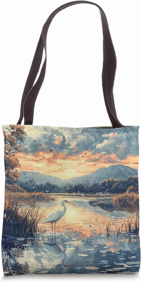 Wetlands With Birdlife Landscape Vintage Graphic Tote Bag