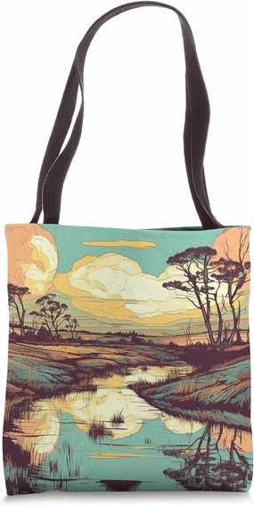 Wetlands With Reflections Vintage Landscape Graphic Tote Bag