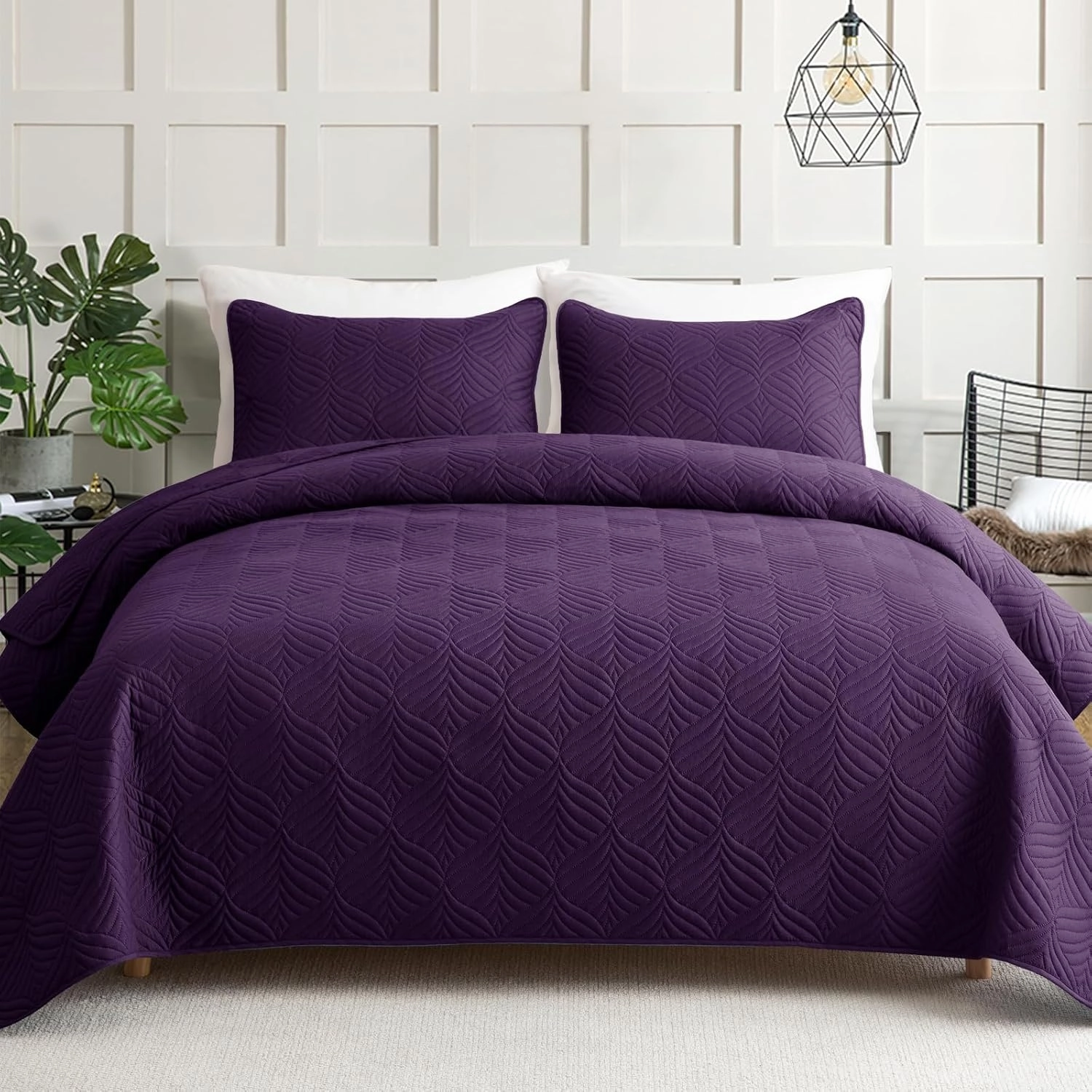 Whale Flotilla Quilts Queen Size, 3-Piece Soft Lightweight Modern Geometric Full Queen Quilt Bedding Set Bedspread Coverlet for All Seasons, Purple