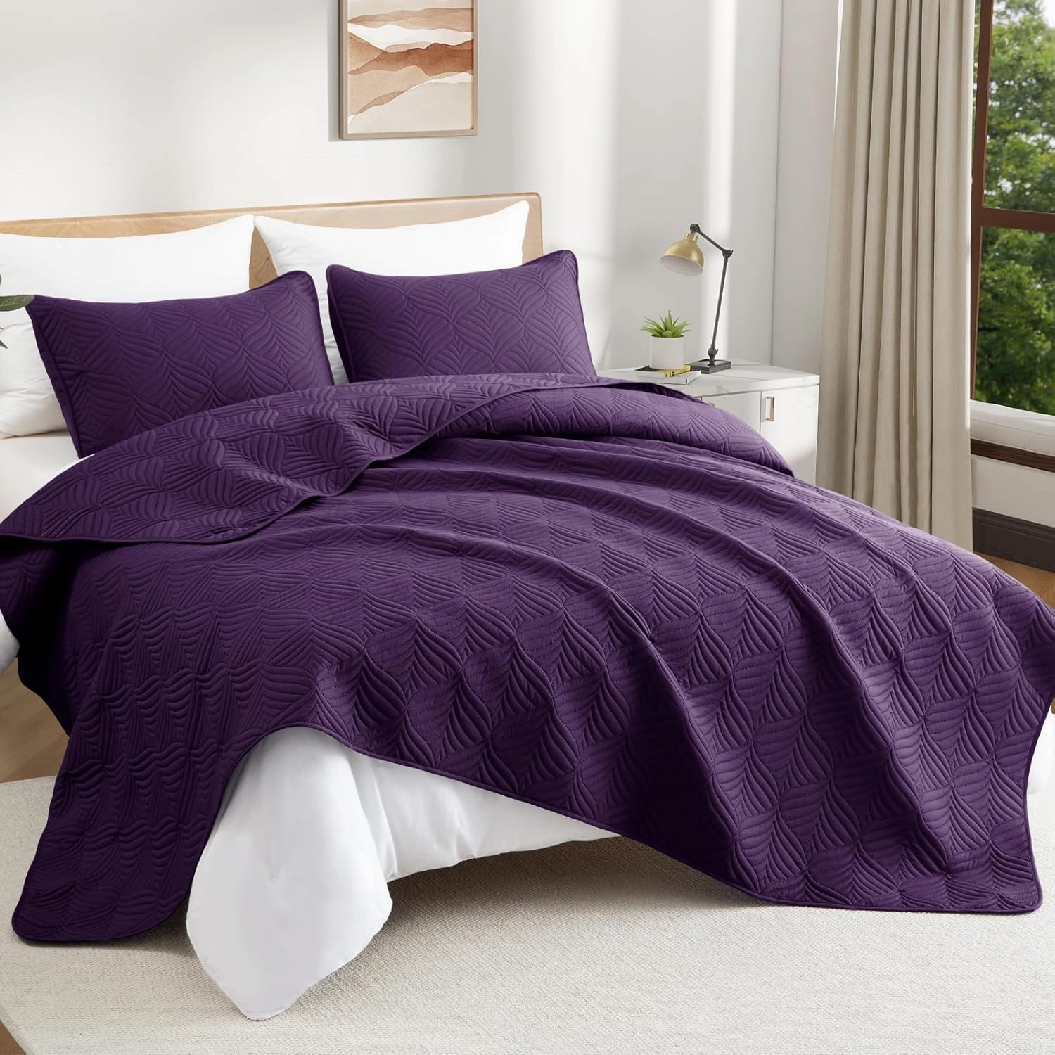 Whale Flotilla Quilts Queen Size, 3-Piece Soft Lightweight Modern Geometric Full Queen Quilt Bedding Set Bedspread Coverlet for All Seasons, Purple