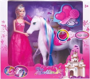 White Unicorn with Magic Light Horn and Fairy Tale Princess Doll 11.5“, W/Comb and Crystal Crown, Girls' Unicorn Doll Toys Gifts, Presents for Girl Kids Aged 3 