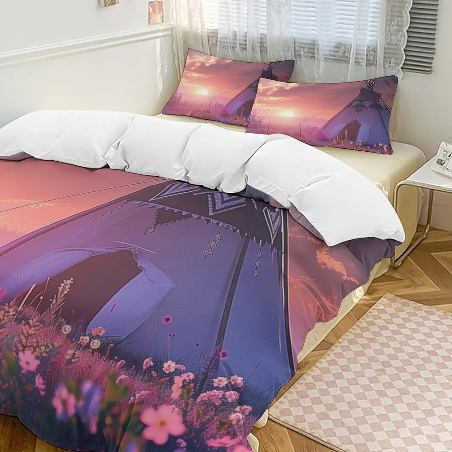 Wild Camping Sunset Bedding Comforter Sets Lightweight Bedding Set 3 Pieces (1 Duvet Cover, 2 Pillowcases) with Zipper Closure