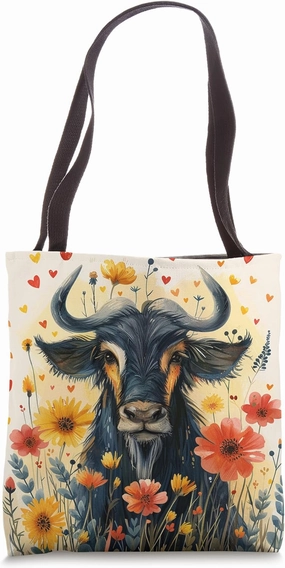 Wildebeest Flowers With Hearts Around Boho Style Graphic Tote Bag