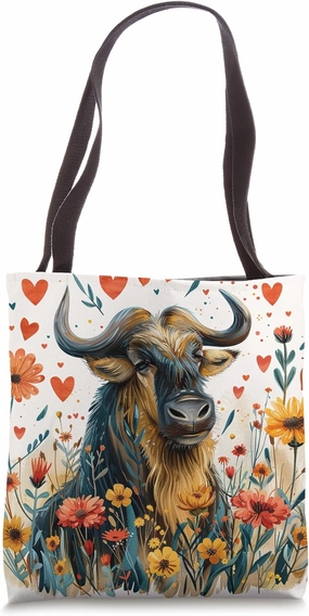 Wildebeest Flowers With Hearts Around Boho Style Graphic Tote Bag