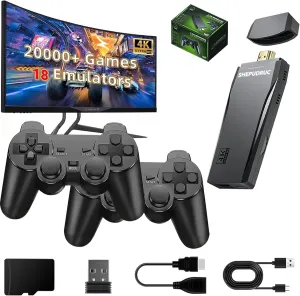 Wireless Retro Handheld Game Console, Game Console Stick Built-in 20000  Plug-and-Play Video Games, Equipped with 18 Simulators, 4K HDMI Output and Dual 2.4G Controller（64GB Memory Card）