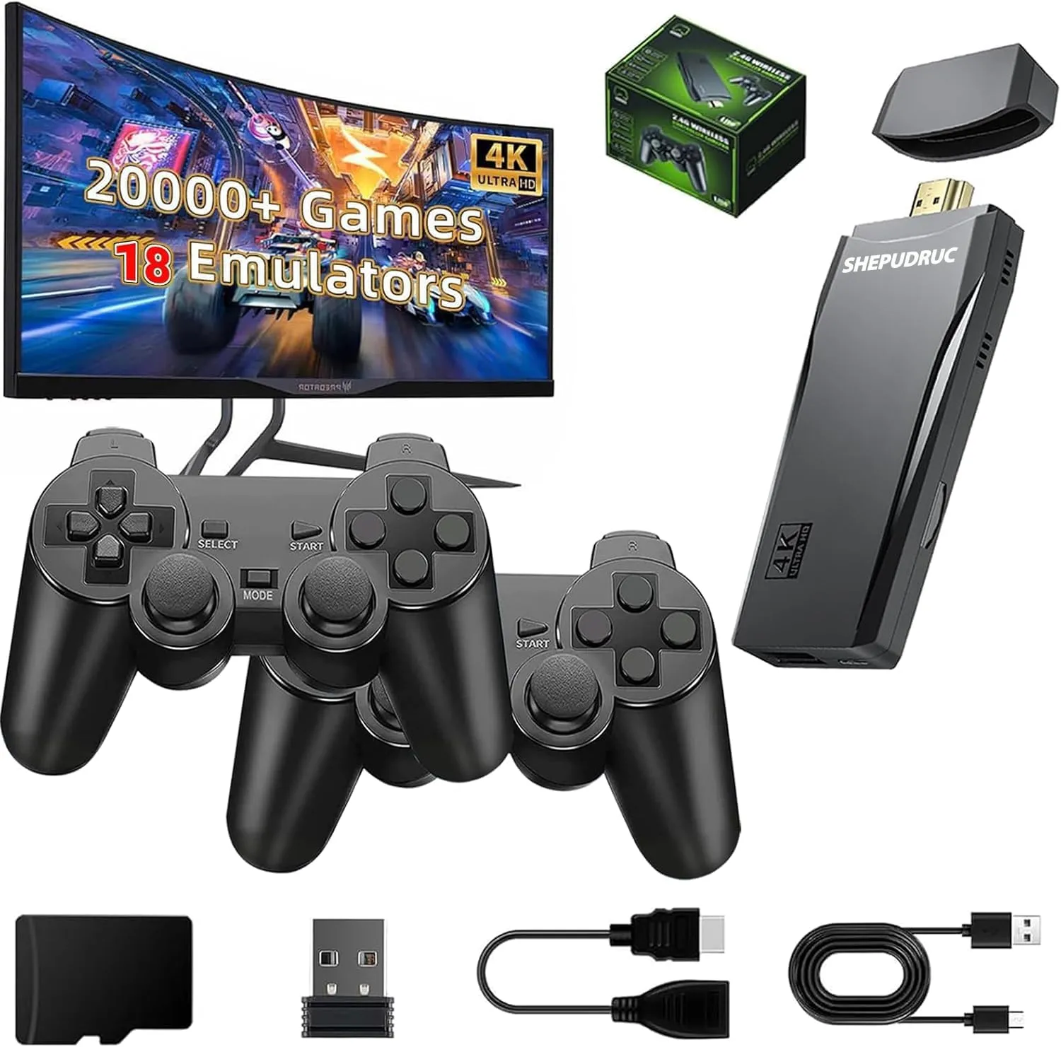 Wireless Retro Handheld Game Console, Game Console Stick Built-in 20000  Plug-and-Play Video Games, Equipped with 18 Simulators, 4K HDMI Output and Dual 2.4G Controller（64GB Memory Card）