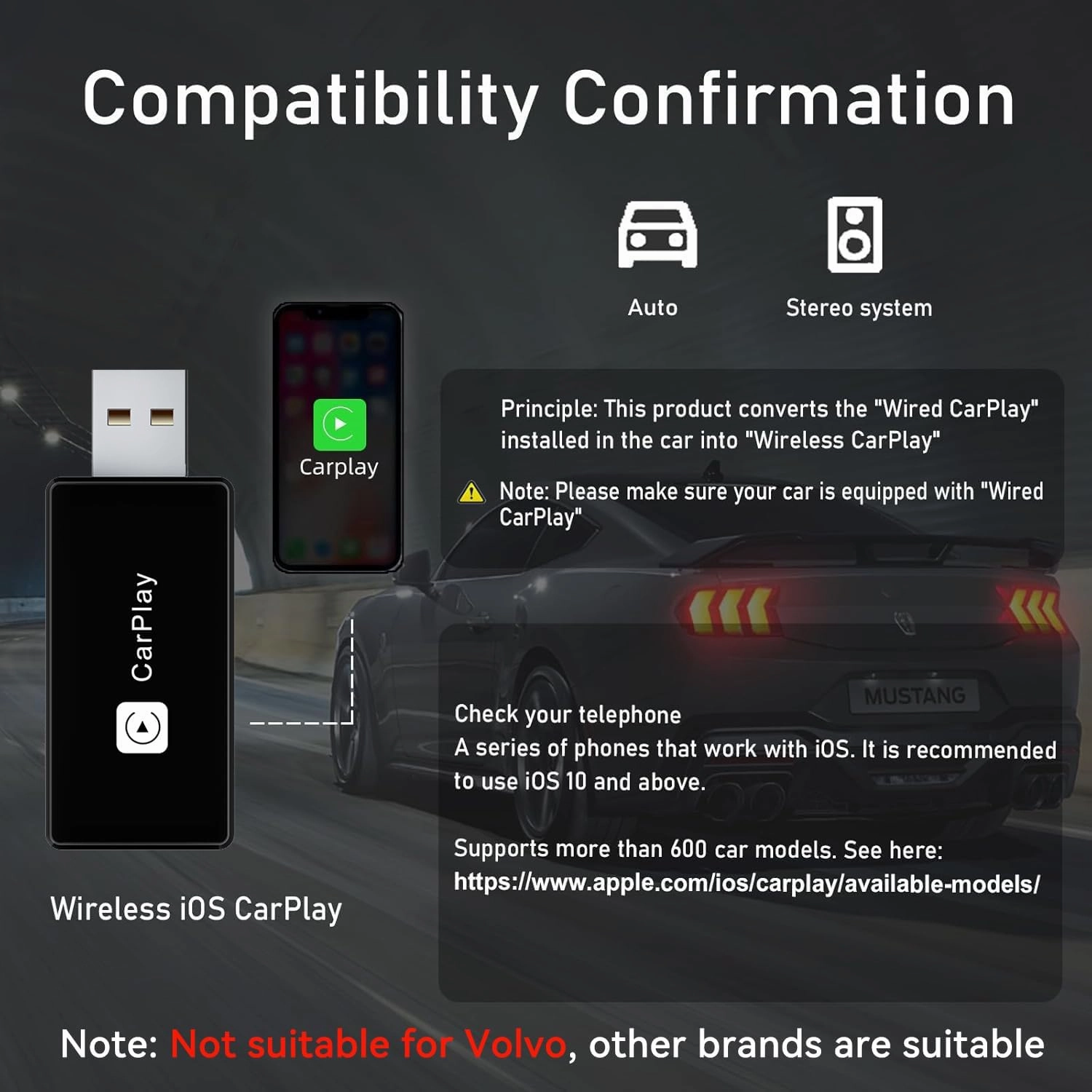 Wireless CarPlay Adapter, Converts Wired to Carplay Wireless Adapter for iPhone, Plug and Play-Seamless Fast Response Stable Bluetooth Connection CarPlay for Apple iPhone iOS 10  and Cars (Black)