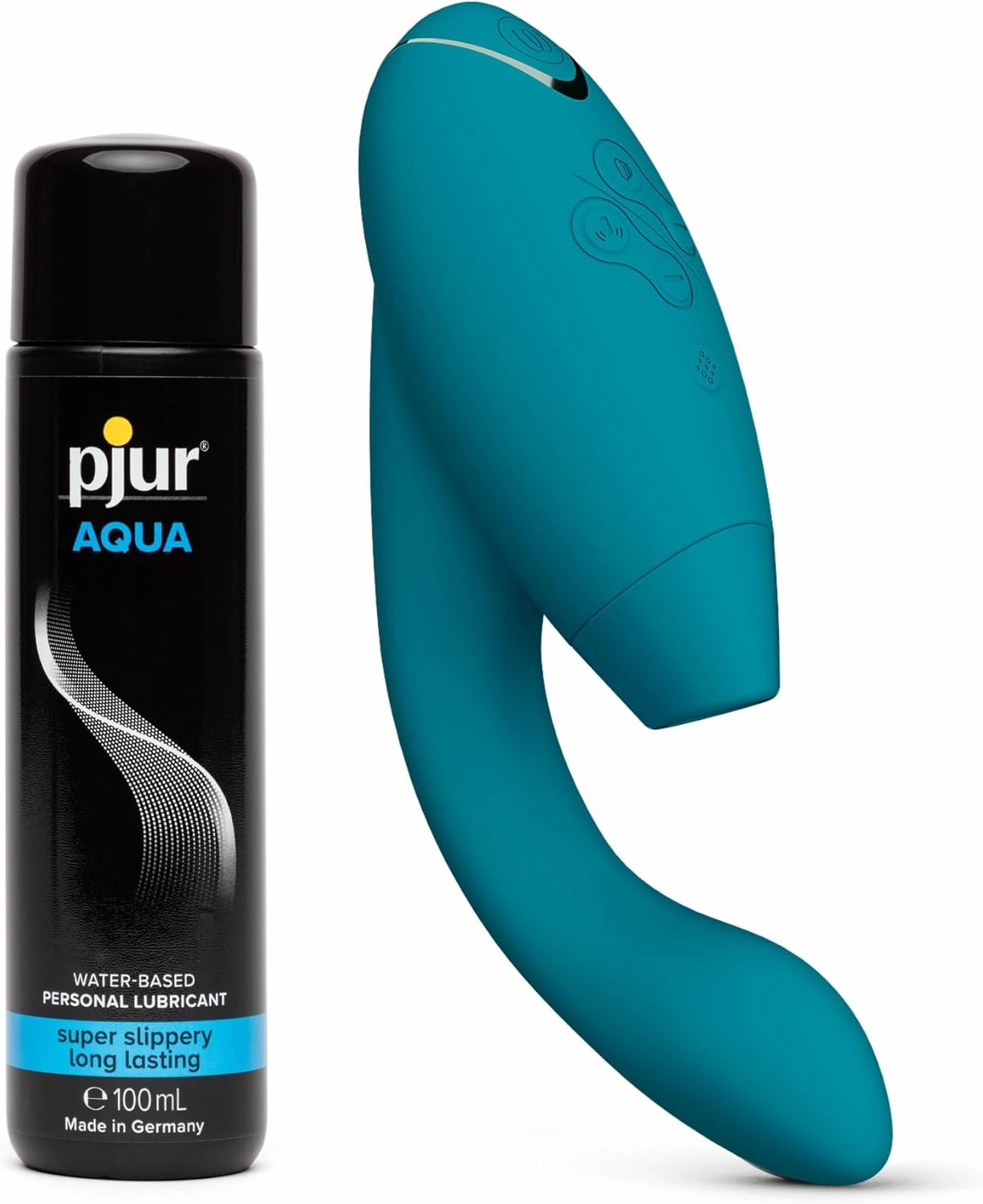 Womanizer Duo 2 Petrol Dual Stimulation Pleasure Air Clitoris Stimulator Rabbit Vibrator & Pjur Aqua Water Based Personal Lubricant 3.4 fl oz - Female Sex Toys Bundle