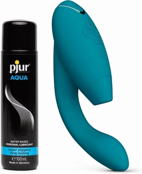 Womanizer Duo 2 Petrol Dual Stimulation Pleasure Air Clitoris Stimulator Rabbit Vibrator & Pjur Aqua Water Based Personal Lubricant 3.4 fl oz - Female Sex Toys Bundle