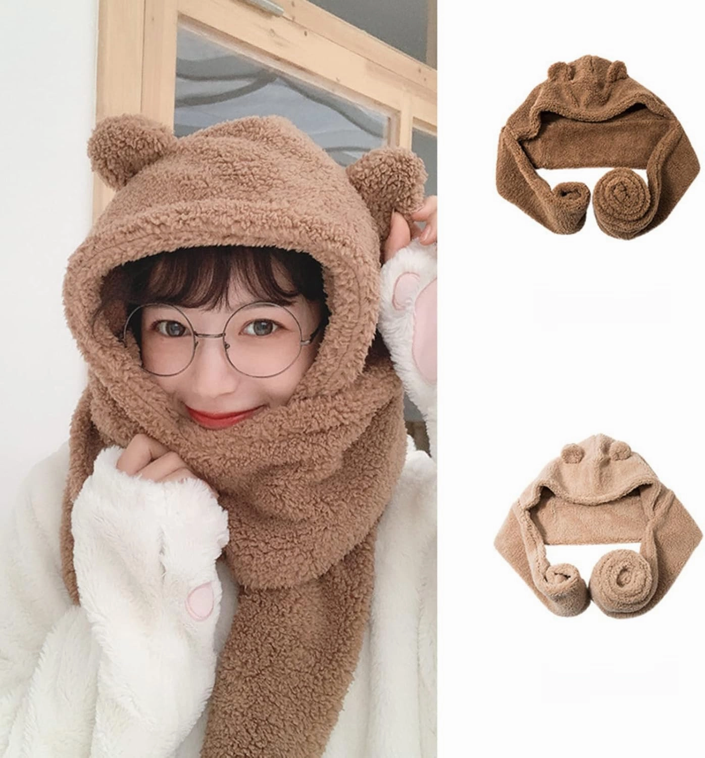 Women Kawaii Bear Ear Beanie Hat Scarf 2 in 1 - Cute Winter Warm Sherpa Thicken Fleece Fuzzy Japanese Fluffy Knit Hat Cap