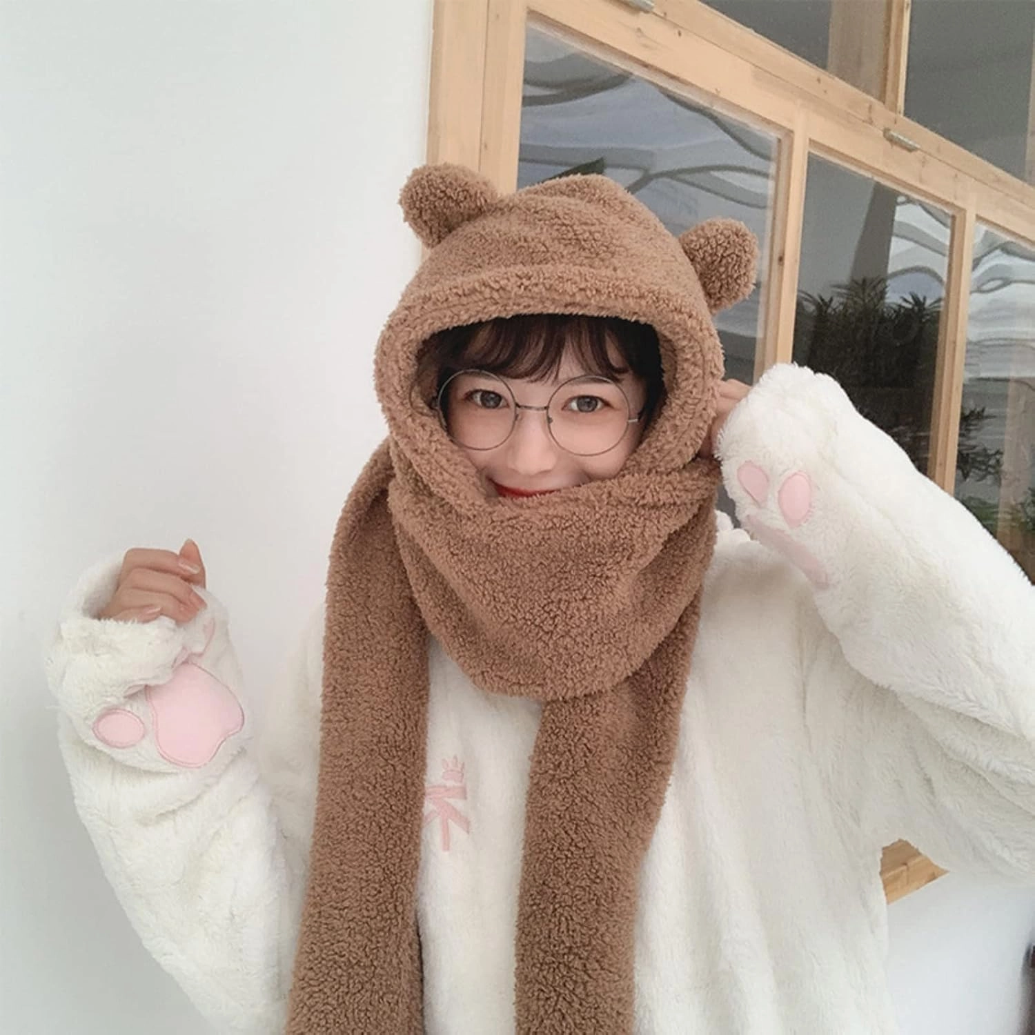 Women Kawaii Bear Ear Beanie Hat Scarf 2 in 1 - Cute Winter Warm Sherpa Thicken Fleece Fuzzy Japanese Fluffy Knit Hat Cap