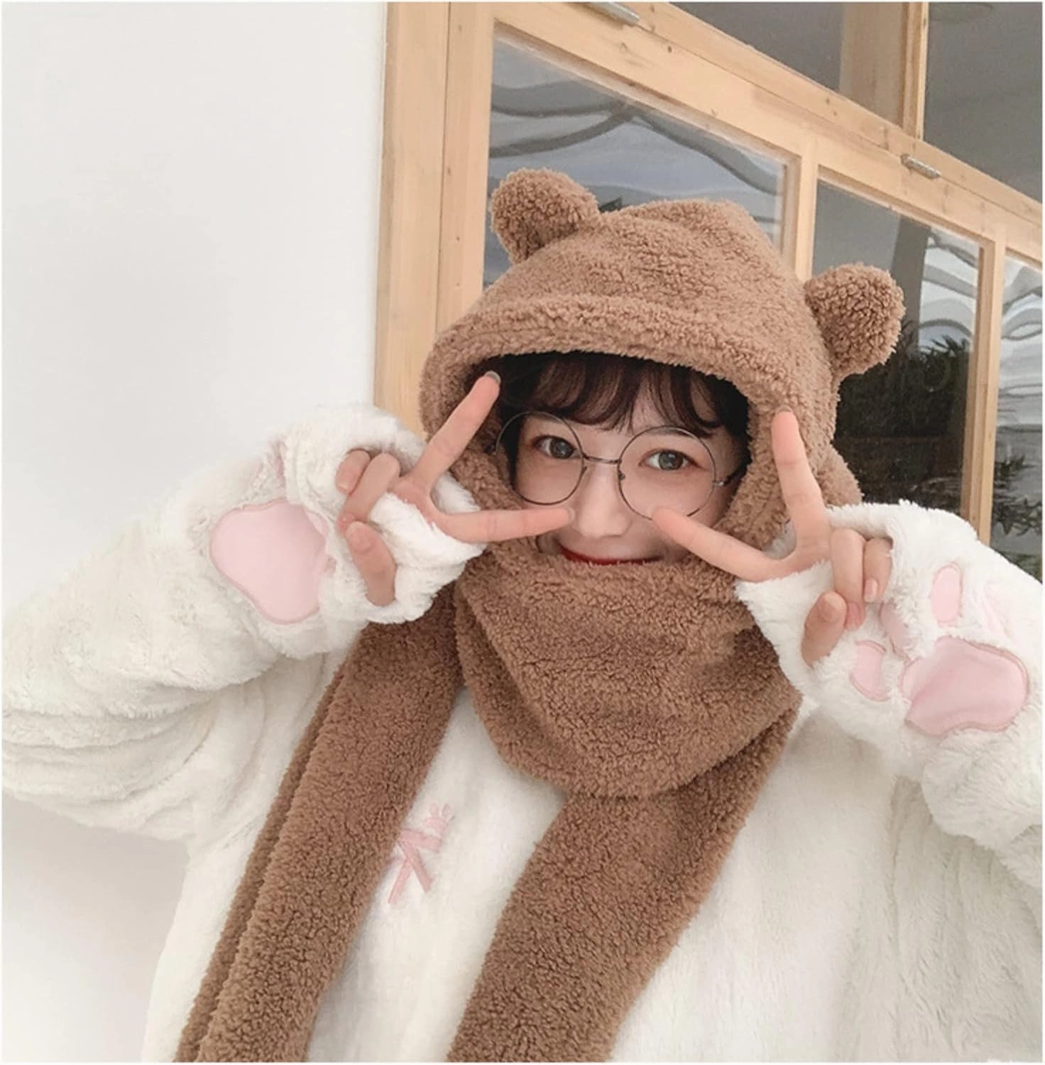 Women Kawaii Bear Ear Beanie Hat Scarf 2 in 1 - Cute Winter Warm Sherpa Thicken Fleece Fuzzy Japanese Fluffy Knit Hat Cap