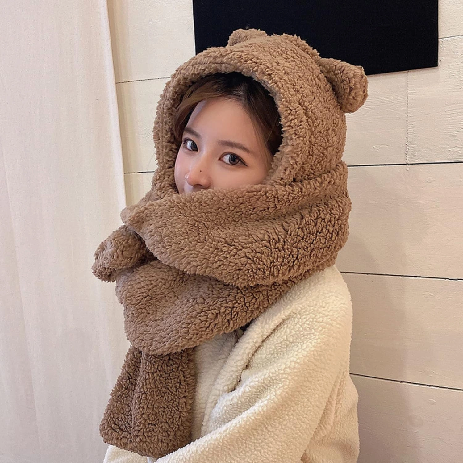 Women Kawaii Bear Ear Beanie Hat Scarf 2 in 1 - Cute Winter Warm Sherpa Thicken Fleece Fuzzy Japanese Fluffy Knit Hat Cap