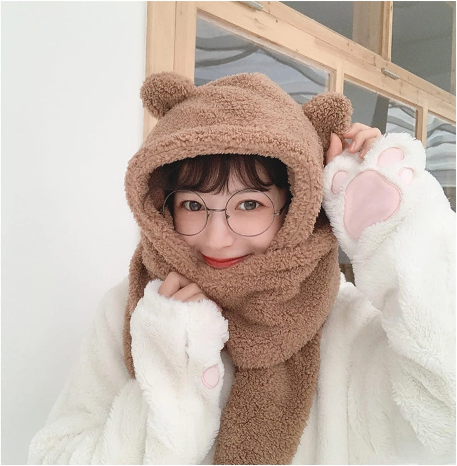 Women Kawaii Bear Ear Beanie Hat Scarf 2 in 1 - Cute Winter Warm Sherpa Thicken Fleece Fuzzy Japanese Fluffy Knit Hat Cap