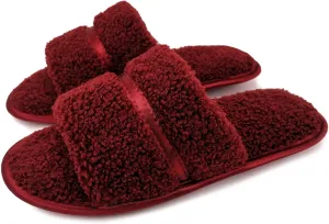 Women’s House Cozy Fluffy Open Toe Slippers Wool-Like Teddy Fleece Slides With Memory Foam Insole Non-Slip Outsole