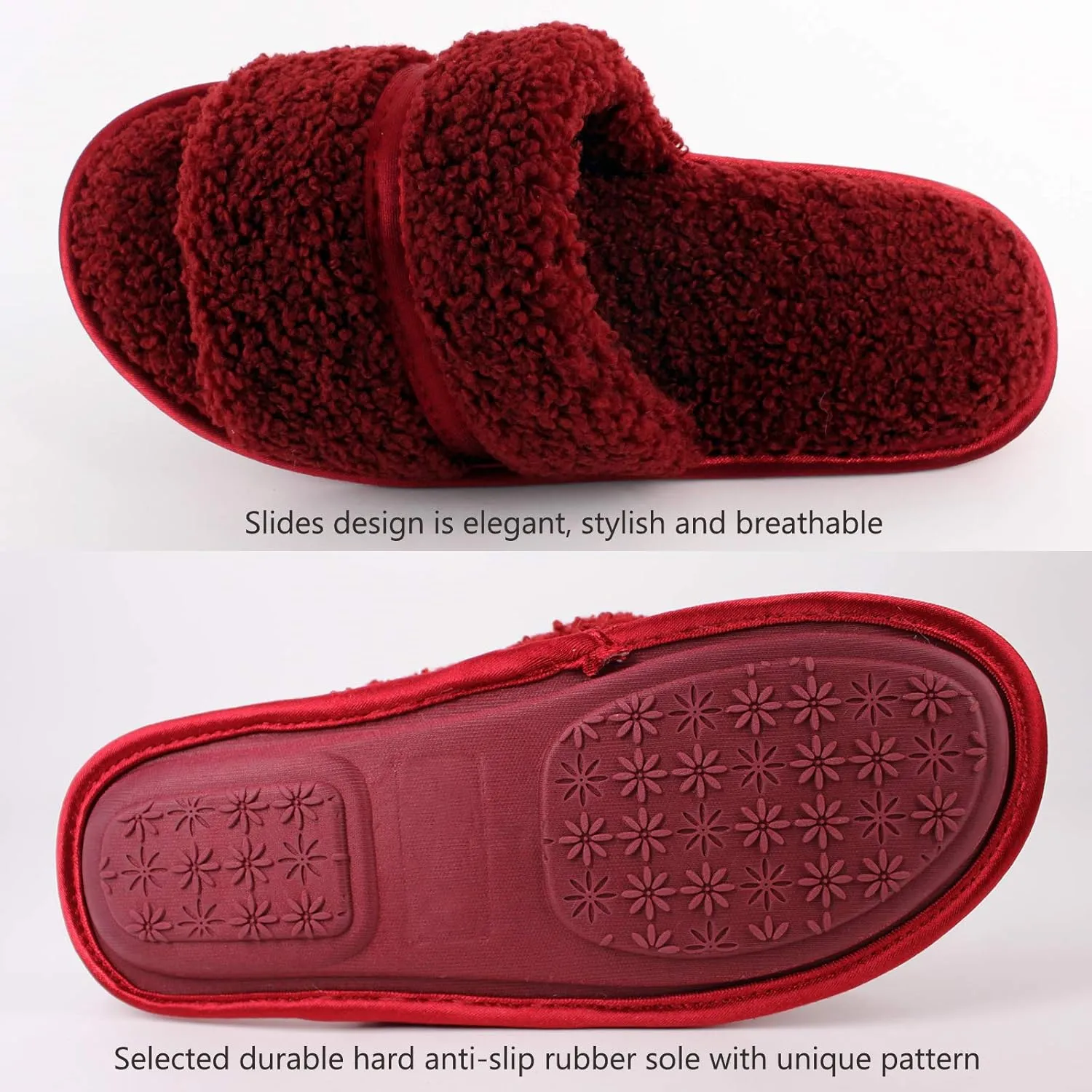 Women’s House Cozy Fluffy Open Toe Slippers Wool-Like Teddy Fleece Slides With Memory Foam Insole Non-Slip Outsole