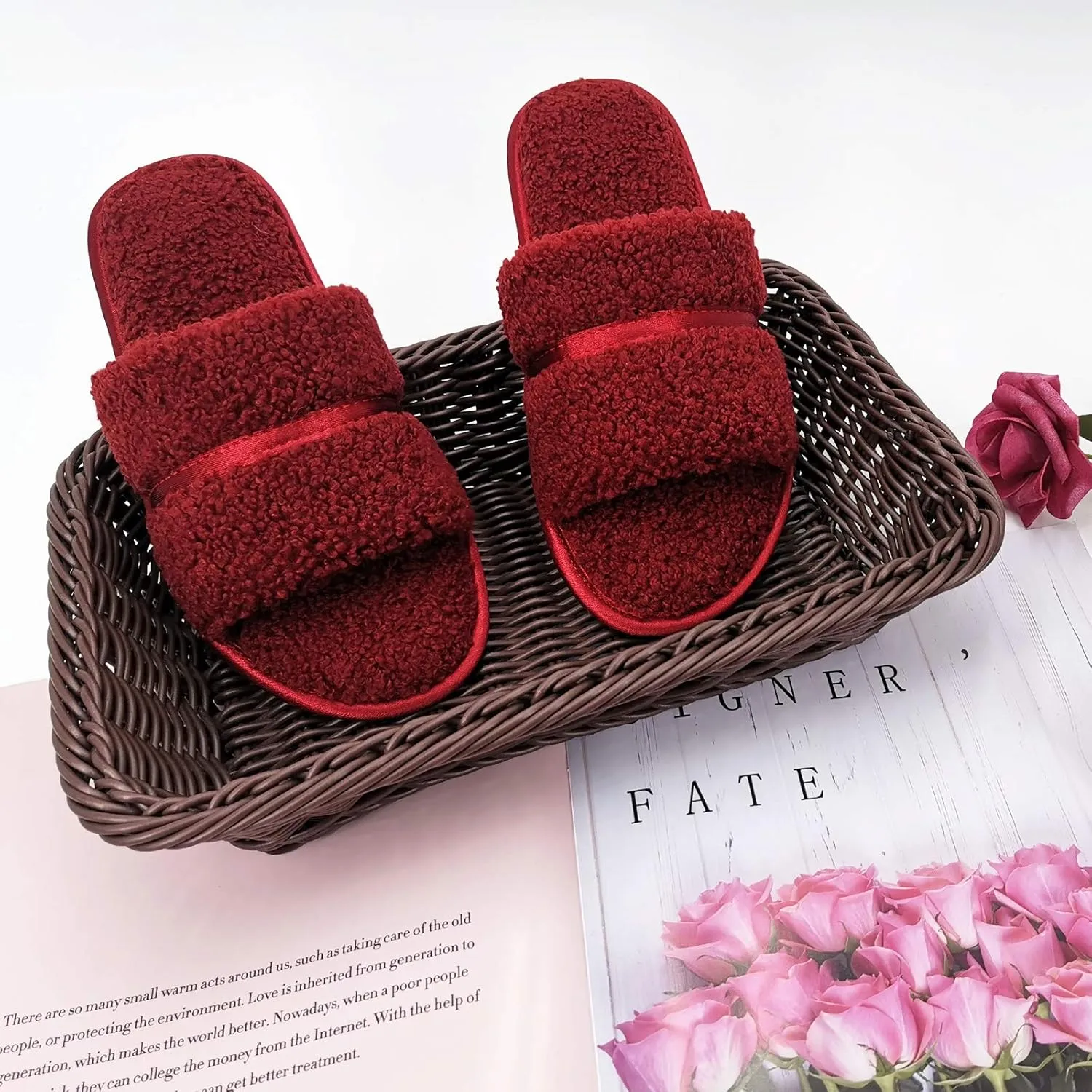Women’s House Cozy Fluffy Open Toe Slippers Wool-Like Teddy Fleece Slides With Memory Foam Insole Non-Slip Outsole