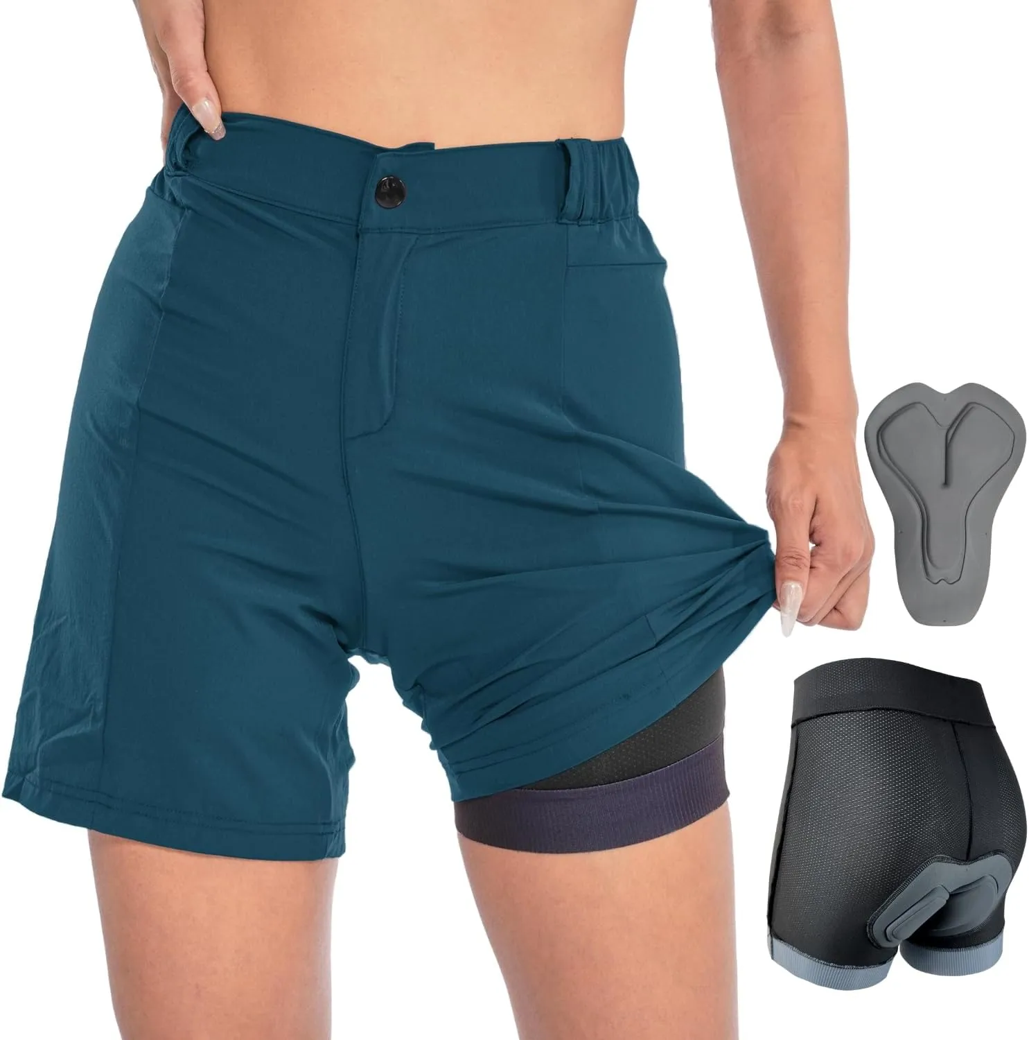 Womens Mountain Bike Shorts 2 in 1 Padded Cycling Women Biking Underwear with Padding Riding Bicycle Shorts Zipper Pocket