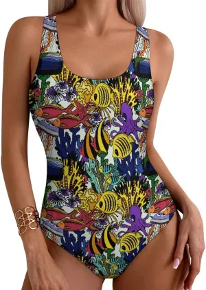 Womens One Piece Swimsuits Cute Duck Checkered Tummy Control Bathing Suits Wireless Racerback Padded Swimwear