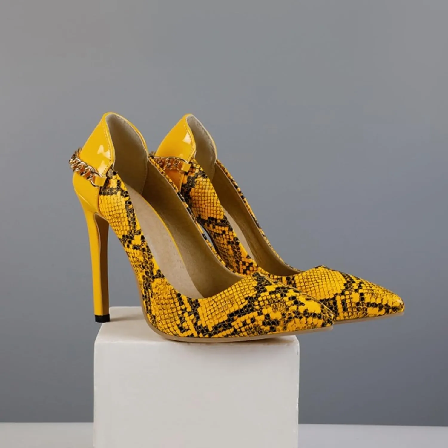 Women's Pointed Toe Snakeskin Stiletto High Heel Shoes Patchwork Closed Sexy Chain Formal Wedding Pumps