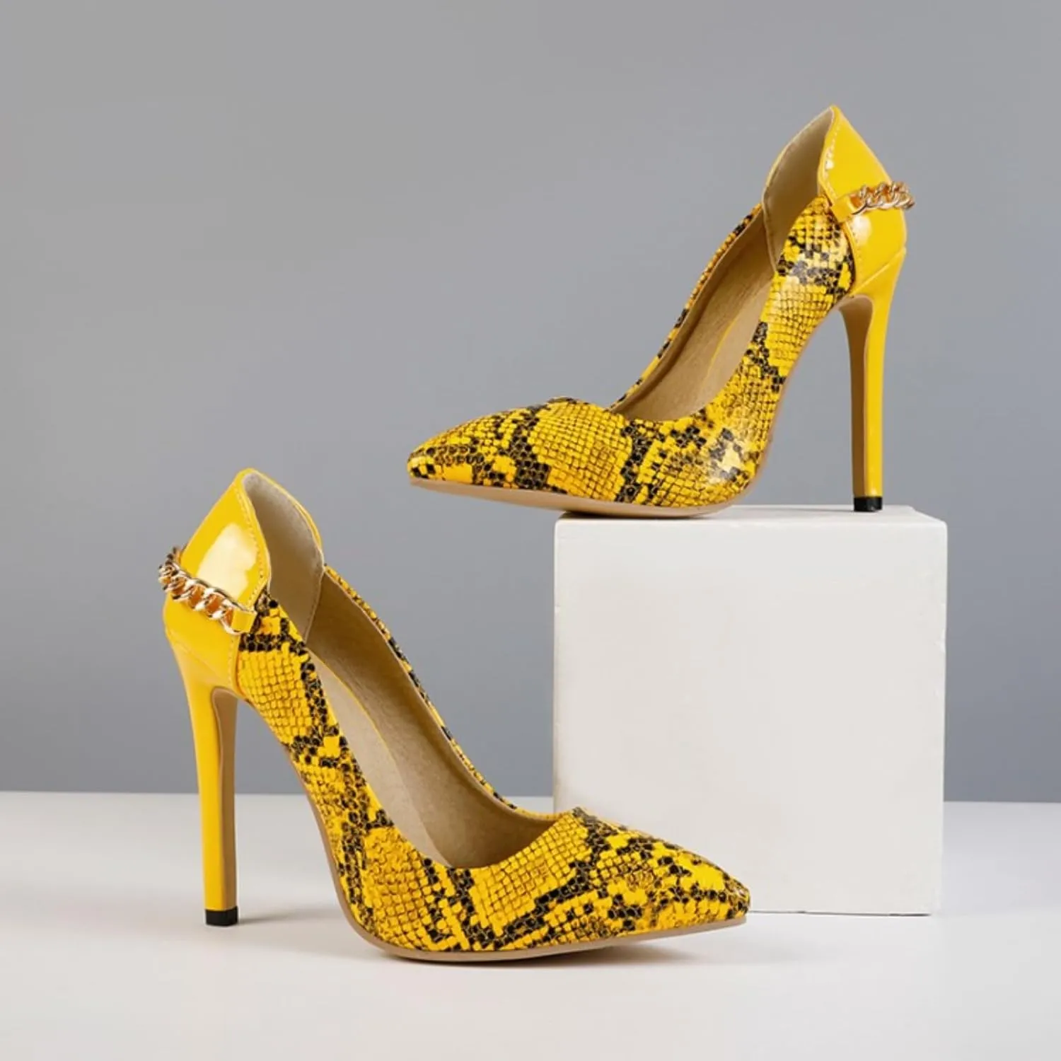 Women's Pointed Toe Snakeskin Stiletto High Heel Shoes Patchwork Closed Sexy Chain Formal Wedding Pumps