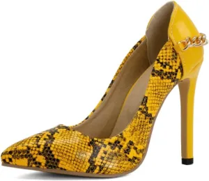 Women's Pointed Toe Snakeskin Stiletto High Heel Shoes Patchwork Closed Sexy Chain Formal Wedding Pumps