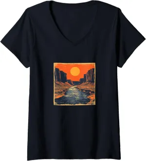 Womens River Through A Canyon Vintage Landscape Graphic V-Neck T-Shirt