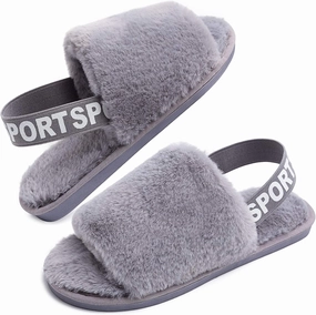 Womens Leopard Fuzzy Slippers Soft Plush Open Toe Faux Fur House Slide Sandals Indoor Spa Bedroom Flat Shoes with Elastic Strap
