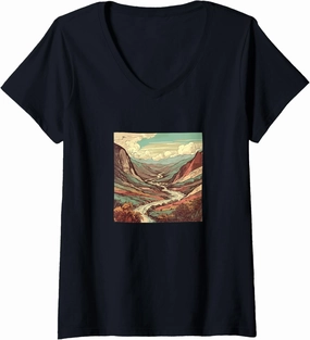Womens Valley With Running Stream Vintage Landscape Graphic V-Neck T-Shirt